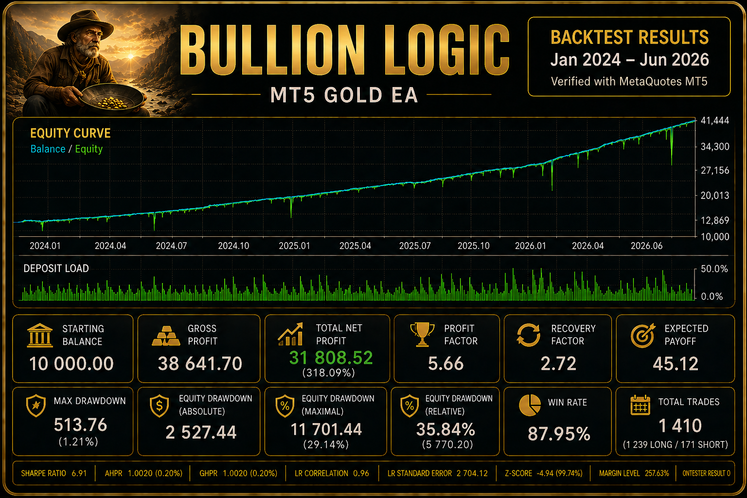 Bullion Logic MT5 backtest results from January 2024 through August 2026